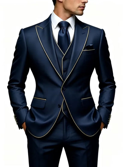 Navy Blue Men 3 Piece Suit With Gold Piping Peak Lapel Blazer Vest Pants Groom Wedding Prom Business High Quality Customized