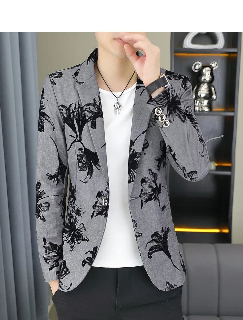 Blazer Men's Fashion Gentleman Business Outdoor Travel Print Wedding Slim-fit Korean Trend Handsome Youth Casual Blazer
