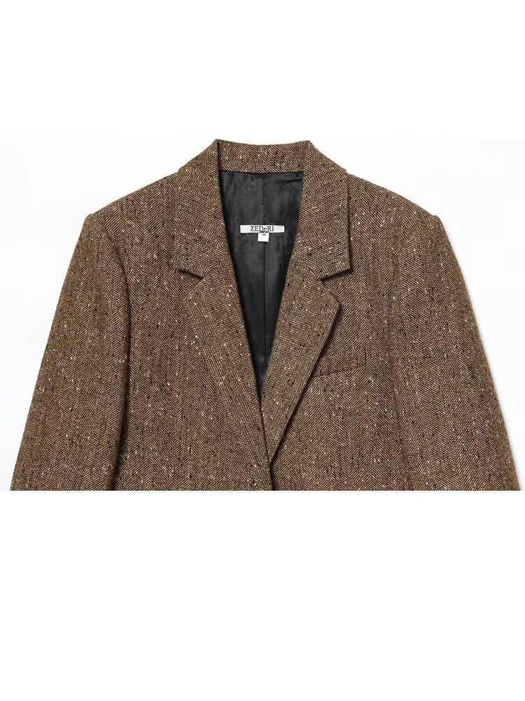 Woman Winter Lapel Pocket Decoration Single Breasted Long Sleeves Herringbone Twill Blazer Female Leisure Street Style Coat