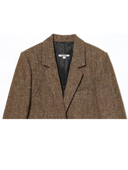 Woman Winter Lapel Pocket Decoration Single Breasted Long Sleeves Herringbone Twill Blazer Female Leisure Street Style Coat