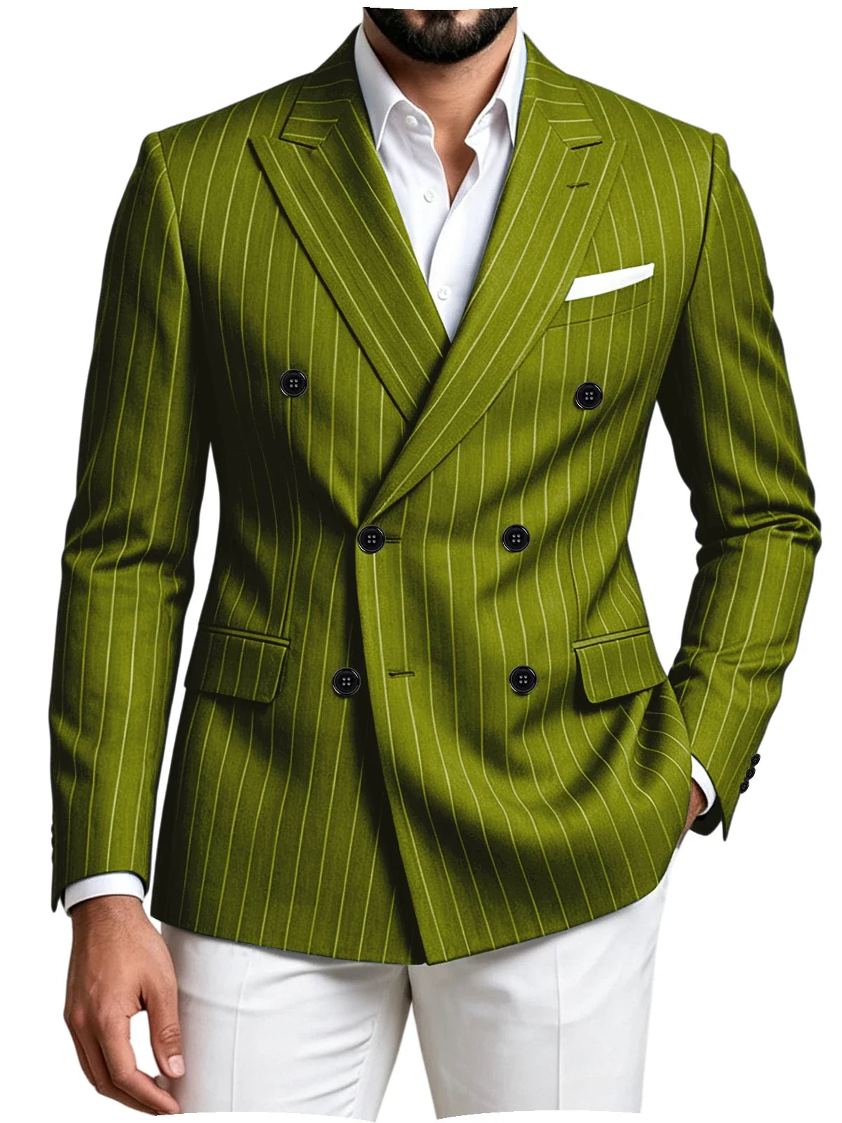 Men Striped Double Breasted Suit Jacket Notch Lapel Business Slim Fit Formal Blazer Elegant Lightweight Dress Coat For Prom Work