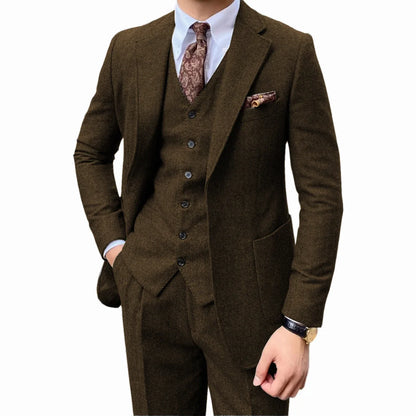 Costume de smoking à chevrons pour hommes, ensemble deux pièces, revers crantés, un bouton, gilet simple boutonnage à chevrons, tissus en laine épaisse
