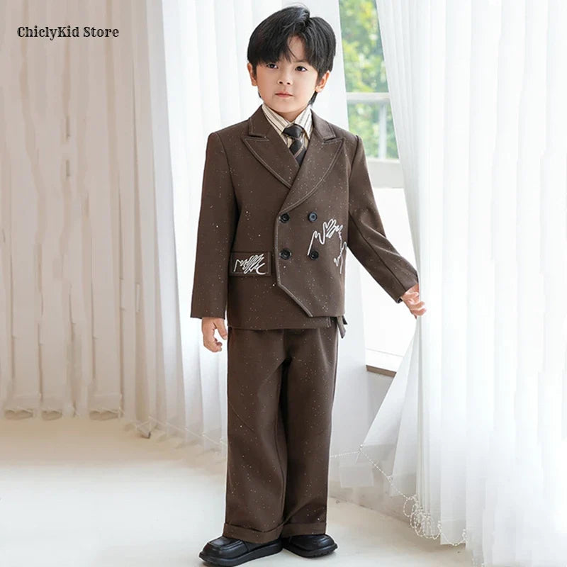 Boys Solid Double Breasted Blazer Jack Vest Pants Children Suit Waistcoat Wedding Clothes Sets Toddler Formal Dress Kids Tuxedos