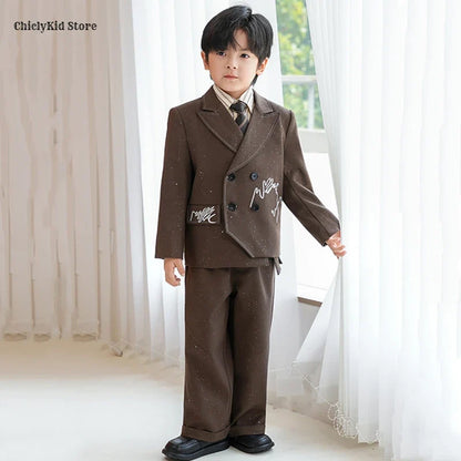 Boys Solid Double Breasted Blazer Jack Vest Pants Children Suit Waistcoat Wedding Clothes Sets Toddler Formal Dress Kids Tuxedos