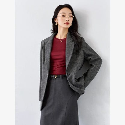 Dark Gray Wool Blend Blazer 2026 Autumn Winter New Fashion Office Lady Elegant Coat Casual Loose-fit Female Jackets M9353