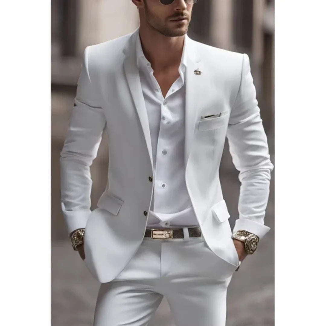 Slim Fit White Men's 2-Piece Tuxedo Notch Lapel Two Buttons Business Wedding Prom Groom Suit Jacket And Pants Set Men Clothing