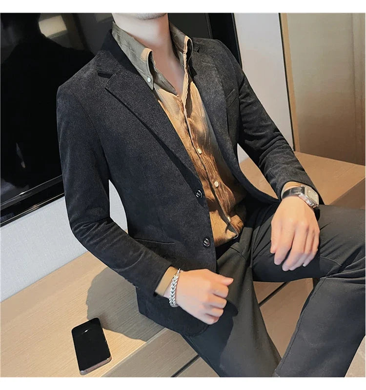 2023 Fashion Men's Corduroy Blazers Top Quality Business Casual Suit Jackets Slim Fit Wedding Groom Streetwear Social Dress Coat