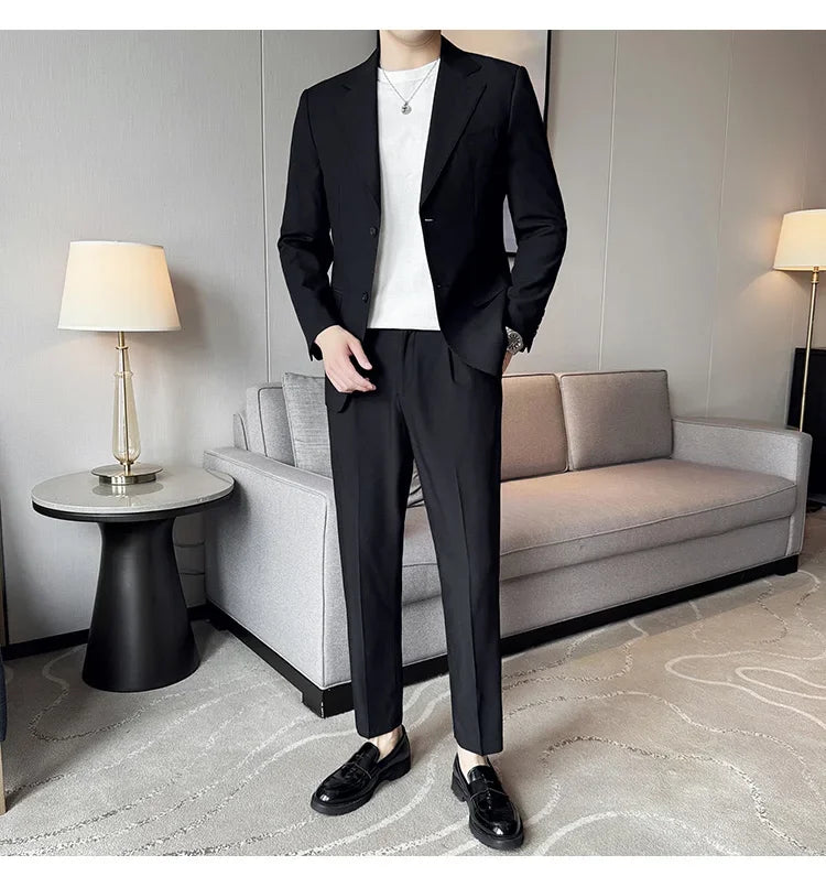Tencel High Tech Fabric Men Spring Summer Thin Suits 2 Pieces (jacket+pants) Business Casual Office Wedding Groom Dress Suit