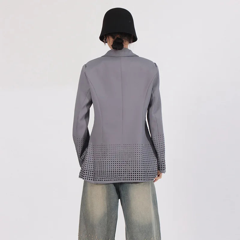 2026 Spring Autumn New Women's Blazer Notched Collar Double Breasted Split Studded Diamonds High-end Elegant Jacket HK18785