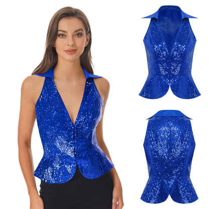 Fashion Sequins Vests Women's Tassel Sleeveless Waistcoat Jazz Dance Costume Shiny Vest 80s Disco Music Festival Party Clubwear