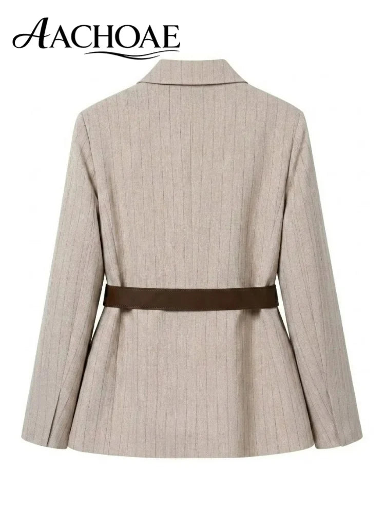 Women's Belted Stripe Blazer Jacket Structured Slim Suit Coat  Office Chic Long Sleeve Tailored Waist Belt Jacket Women