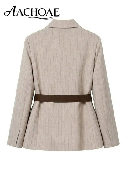 Women's Belted Stripe Blazer Jacket Structured Slim Suit Coat  Office Chic Long Sleeve Tailored Waist Belt Jacket Women