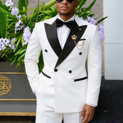 Men Suit Black 2 Piece Double Button With Bright Lapel For Wedding Groom Birthday Party Banquet Business Work Suit Jacket Pants