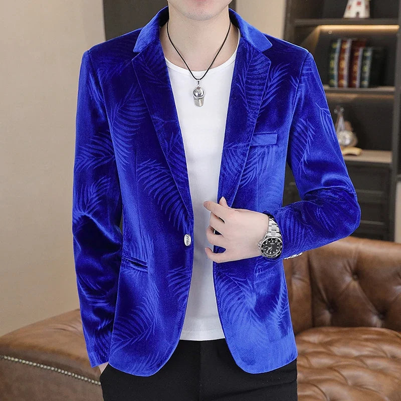 Blazer Men's Fashion Business Gentleman Groom Professional Gentleman Casual Velvet Bamboo Leaf Flower Dress High-end Blazer