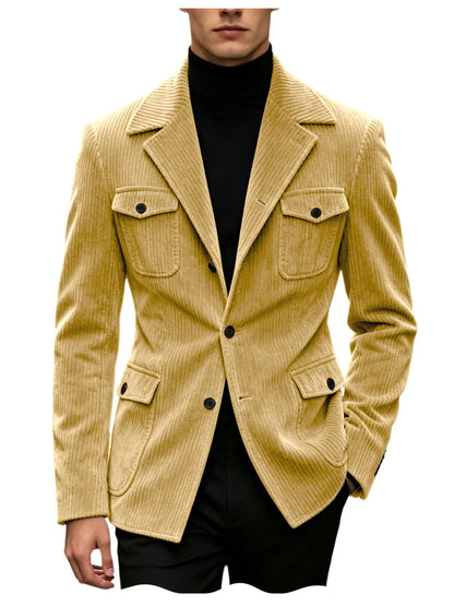 Men's Corduroy Blazer Jacket Slim Fit Notched Lapel Casual Business Coat With Four Flap Pockets For Daily Work Streetwear