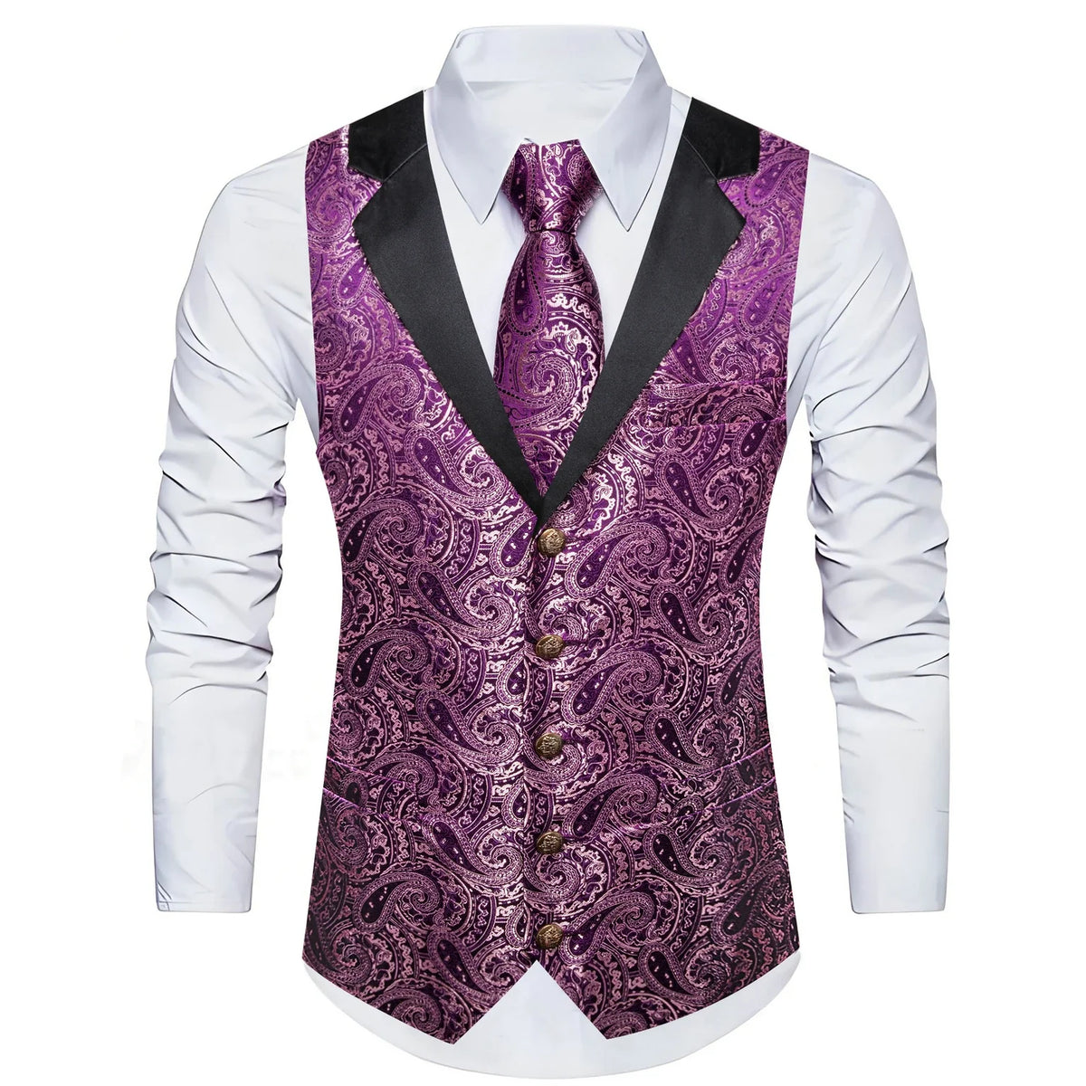 Men's Jacquard Paisley Vest Notched Lapel 3-Piece Set for Weddings & Formal Events – Purple
