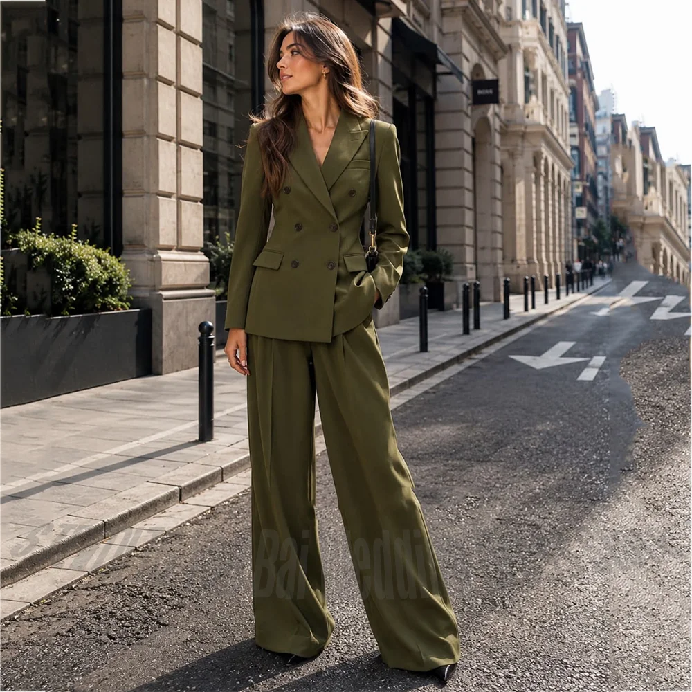 Casual Women Pant Suits Solid Color Chic Double Breasted Peaked Collar Blazer Trousers Formal Business Straight Fit Outfit