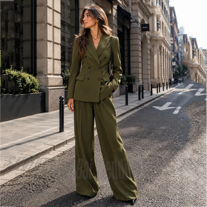 Casual Women Pant Suits Solid Color Chic Double Breasted Peaked Collar Blazer Trousers Formal Business Straight Fit Outfit