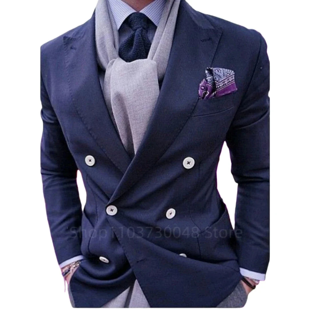 Navy Blue Blazer for Men Peak Lapel Double Breasted Dinner Prom Jacket Elegant Smoking Slim Fit Suit Coat for Wedding/Business