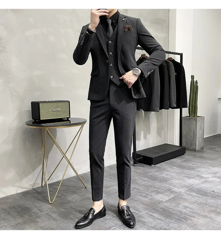 (Jacket +Vest+Pants) Plus Size 7XL-S Men Korean Slim Fit Groom Wedding Business Casual Tuxedo Mens Work Social Suit 3 Pieces
