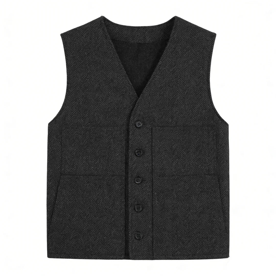 Men's Vest Gray Herringbone Single Button V-Neck Waistcoat for Wedding & Business