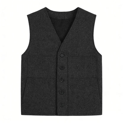 Men's Vest Gray Herringbone Single Button V-Neck Waistcoat for Wedding & Business