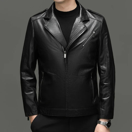 Men's Genuine Leather Blazer Smart Casual Zipper Jacket