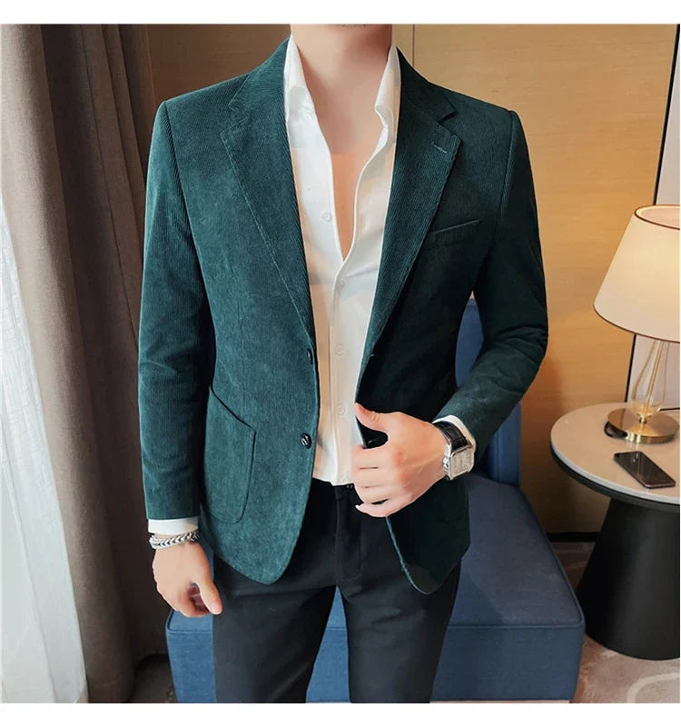 2023 Fashion Men's Corduroy Blazers Top Quality Business Casual Suit Jackets Slim Fit Wedding Groom Streetwear Social Dress Coat