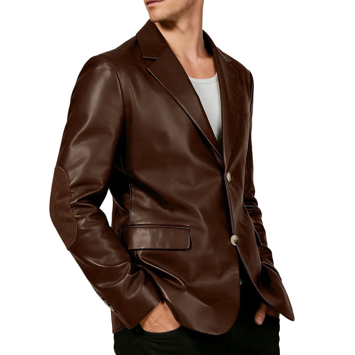 Men's Shiny Leather Blazer with Suede Elbow Patches Slim Fit 2-Button Notch Lapel Suit Jacket Streetwear Casual Party Sport Coat