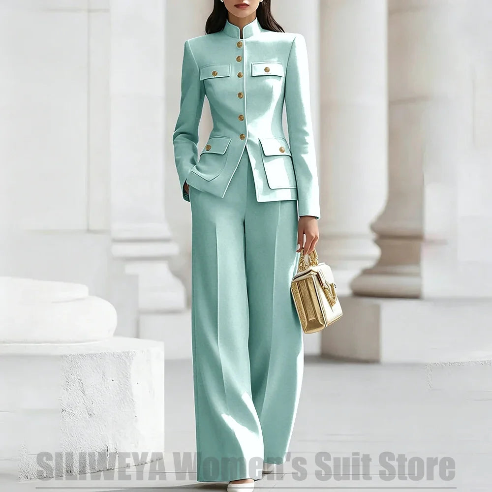 Women's Ivory Suit Mandarin Collar 2 Piece Military Style Gold Buttons Blazer Wide Leg Pants Wedding Party Prom Lady Suits