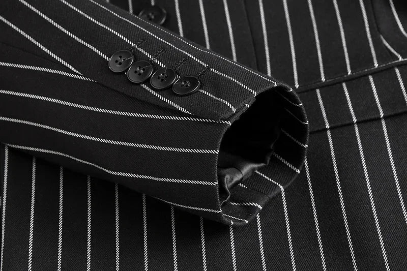 Fashion Men Double Breasted Striped Suit 2 Piece Black / Wine Red Homme Business Social Wedding Party Blazers and Trousers