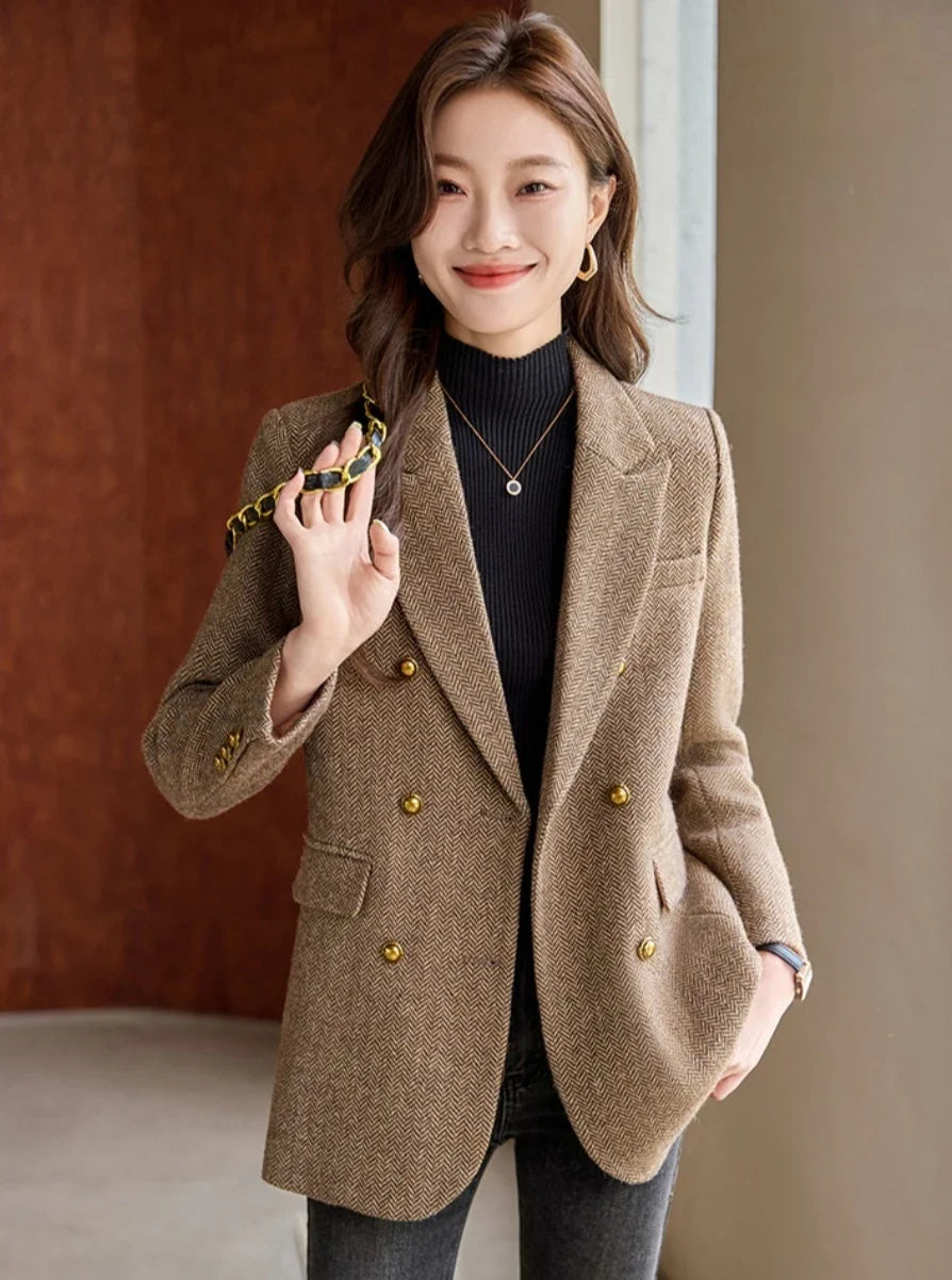 Fashion Grey Blazer Women Coffee Long Sleeve Casual Jacket for Autumn Winter Female Coats Double-Breasted Suit Women’s Clothing
