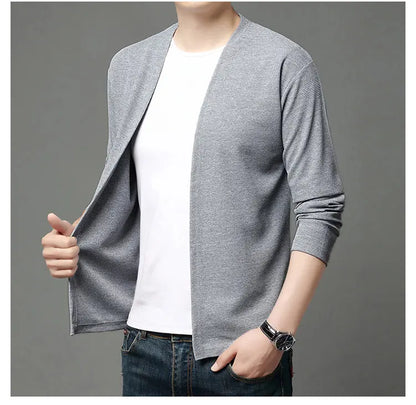 Spring and Summer Solid Color Knitted Cardigan Jacket Sun Protection Clothing Men's Shirt Loose Sleeves Fashionable and Versatil