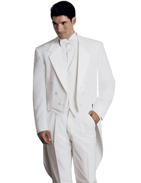 White Men's 3 Pieces Tailcoat Groom Tuxedos Dinner Suits Swallow-Tailed Coat Waistcoat & Trousers Formal Men Suits for Party