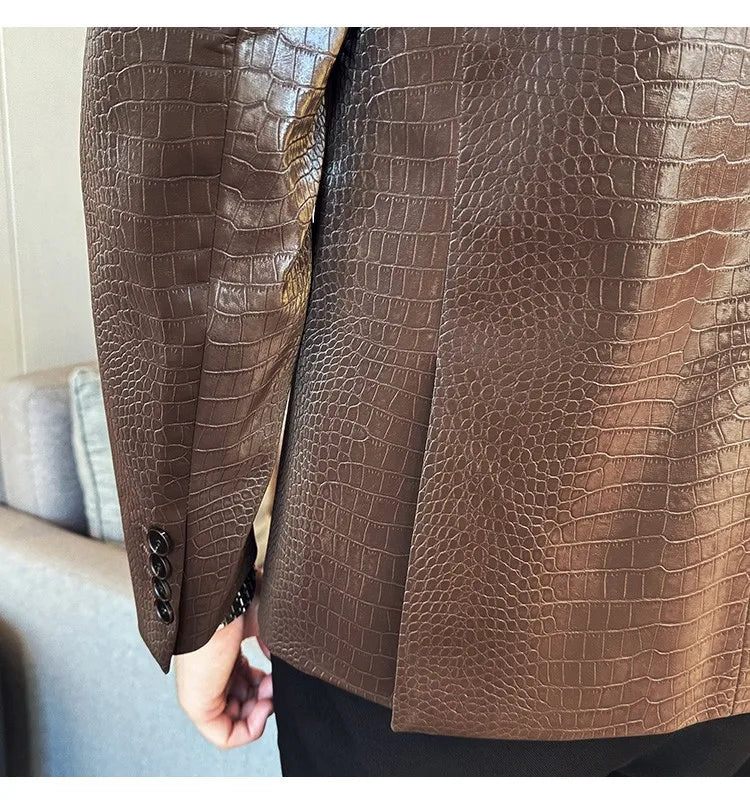 2026 Crocodile Patterned Leather Suit Jacket Men Slim Fit Business Casual Leather Jacket Wedding Groom Party Work Men Blazers