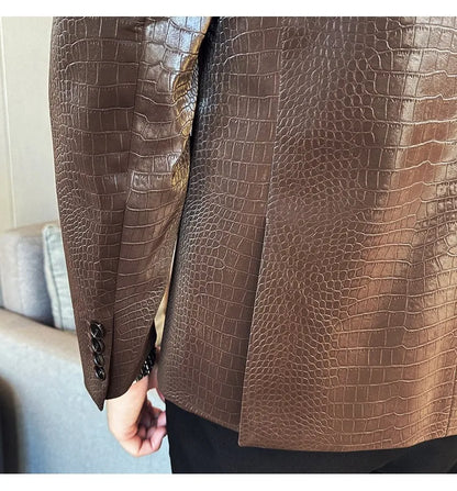 2026 Crocodile Patterned Leather Suit Jacket Men Slim Fit Business Casual Leather Jacket Wedding Groom Party Work Men Blazers