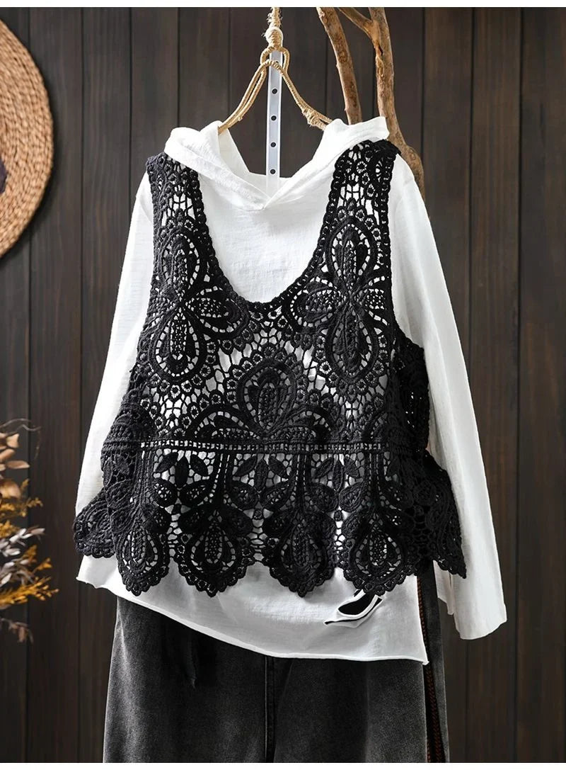 Summer Femme Lace Cotton Lined Vest Spring Women Fashion Knitted Crochet Sleeveless French Lady Hollow-out Sweater Waistcoat Top