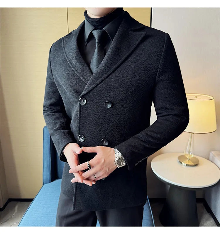 British Style Winter Double Breasted Woolen Suit Jackets Men Thick Warm Wedding Business Blazers Solid Color Casual Dress Coat