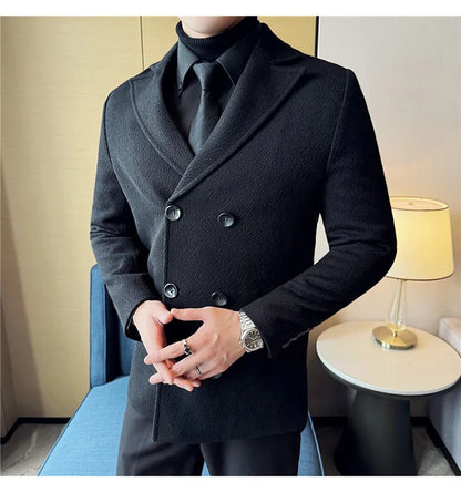 British Style Winter Double Breasted Woolen Suit Jackets Men Thick Warm Wedding Business Blazers Solid Color Casual Dress Coat