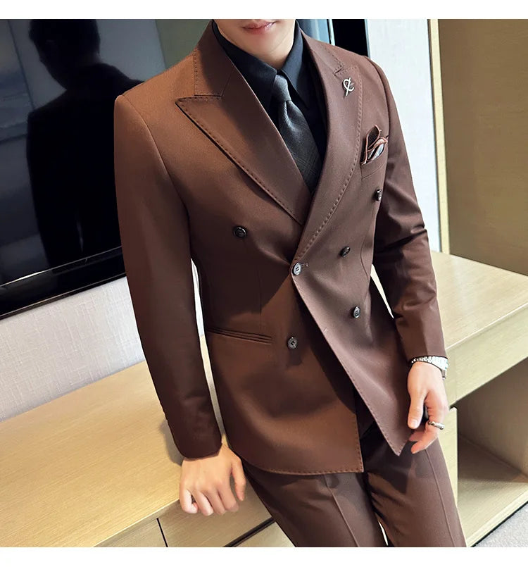 (Jackets +Pants ) Men's Suits 2 Piece High-Quality Double Breasted Lapel Solid Business Groom Wedding Tuxedo Banquet Clothing