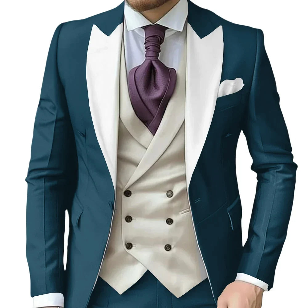 Fashionable Contrast Color Men's Suits 3 Pieces Jacket Vest Pants Dancing Sets Handsome Peak  Lapel Suit Set For Men Party Wear