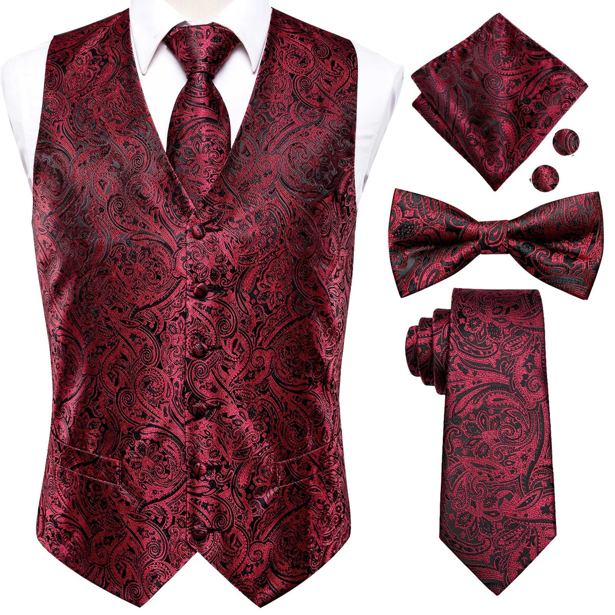 Men's Suit Vest Set – Broadcloth Waistcoat with Tie, Bowtie, Hanky & Cufflinks for Weddings & Office