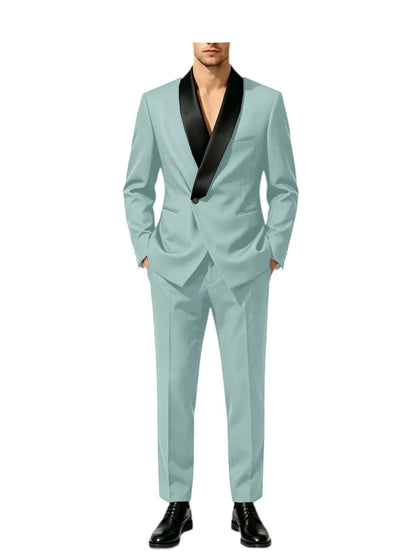 Men's Slim Fit Tuxedo Suit with Black Satin Shawl Lapel – 2-Piece Blazer & Pants for Wedding, Prom & Formal Events