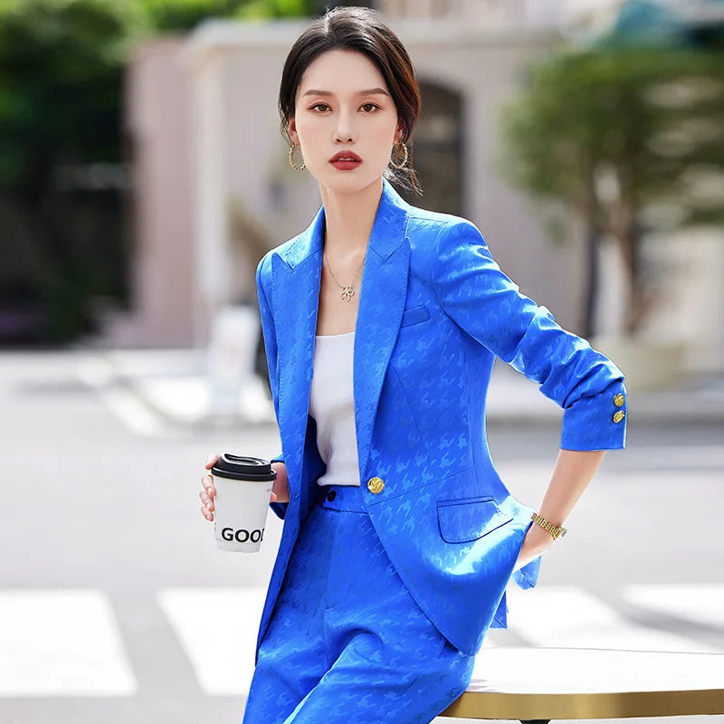 Fashion Ladies Formal Pant Suit Women Houndstooth Single Button Jacket And Trouser Female Business Work Wear 2 Piece Blazer Set