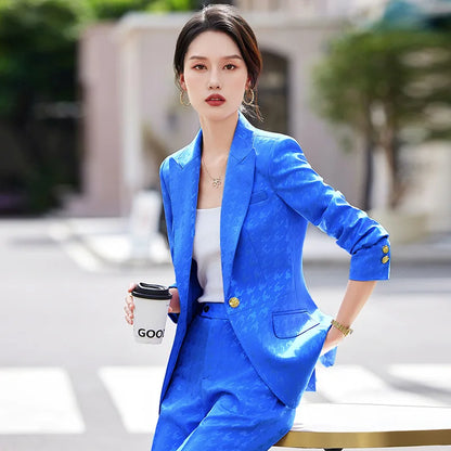 Fashion Ladies Formal Pant Suit Women Houndstooth Single Button Jacket And Trouser Female Business Work Wear 2 Piece Blazer Set