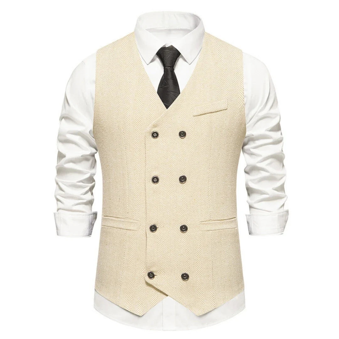 Men's Herringbone Vest Double Button V-Neck Waistcoat for Weddings & Business
