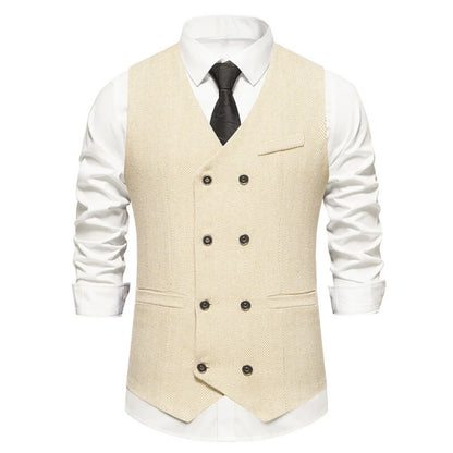 Men's Herringbone Vest Double Button V-Neck Waistcoat for Weddings & Business