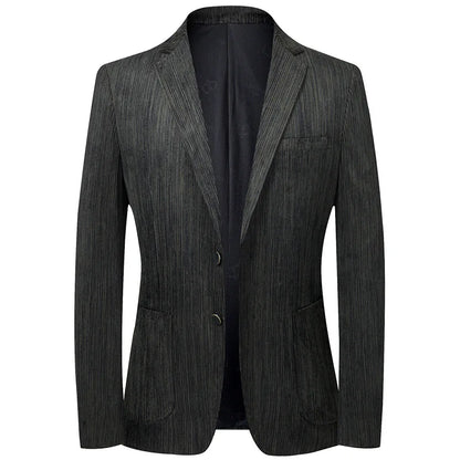 KIDWHXR Suit Coat Man Vintage Striped Single-breasted Male Blazer British Style Long Sleeve Pocket Slim Casual Men Outerwear