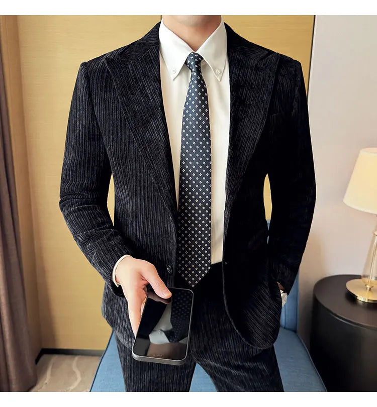 ( Jacket+Pants) Men Corduroy Suit Two-Piece Set High Quality Italian Style Business Suit Luxury Men Formal Wedding Groom Tuxedos