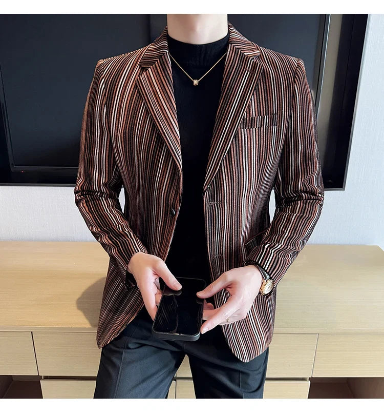 High Quality Plush Striped Fashion casual Suit Jacket Autumn Winter New Men Slim Fit Business Formal Social Prom Party Tuxedos